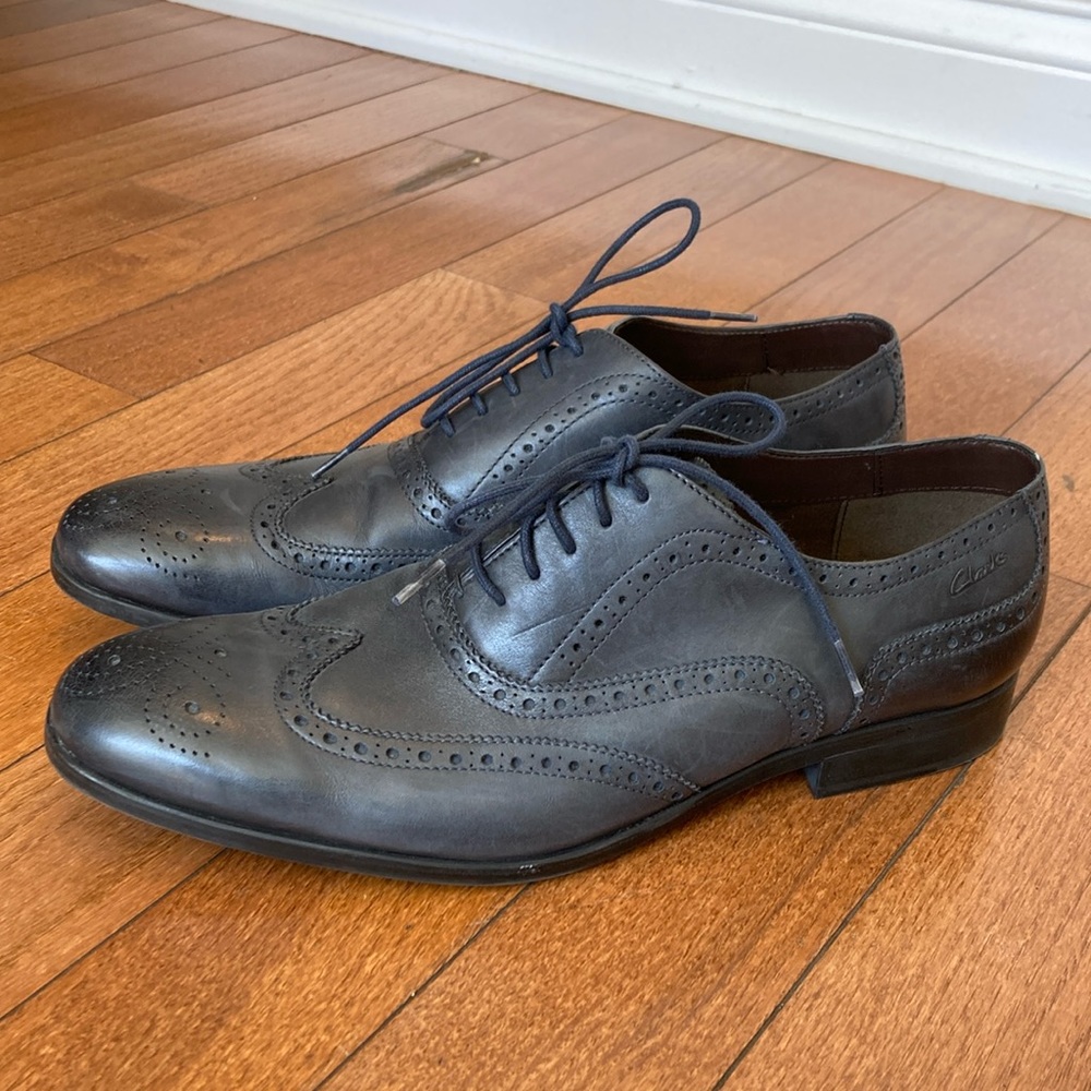 Clarks Navy Leather Oxford Brogue Wing Tip Shoes- 11